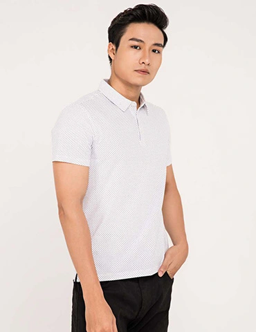 Áo phông nam cộc tay, cổ 2 ve, 3 cúc trước ngực, họa tiết chấm nhỏ